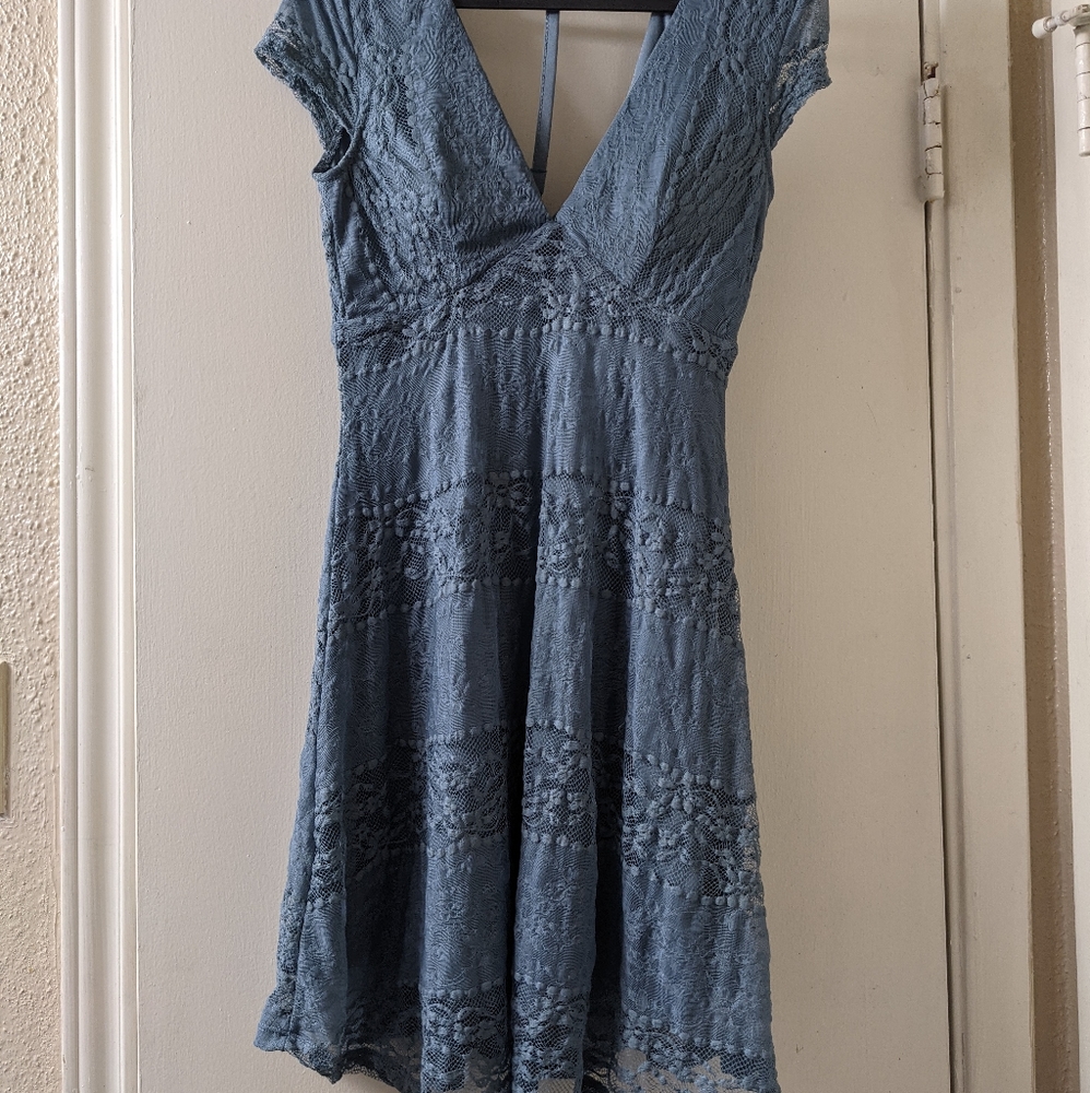 Blue lace dress with t-strap back